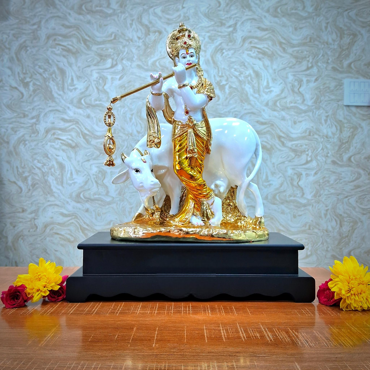 Golden Cow Krishna on Wooden Base