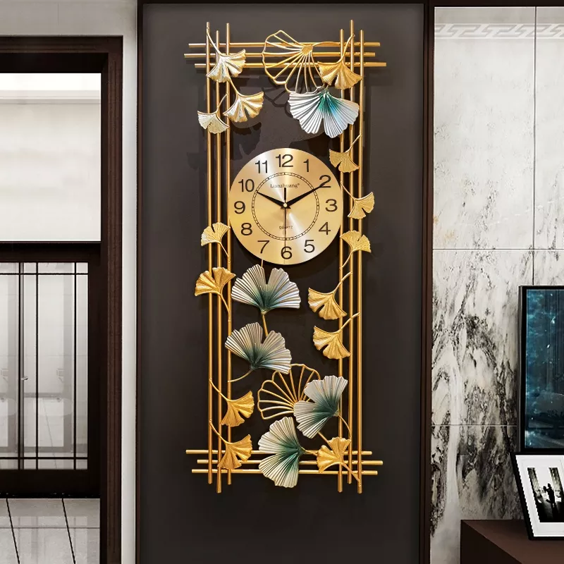 Vertical Ginkgo Leaves Metal Wall Clock